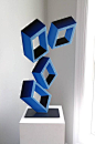 "4 Blue Boxes" illusion sculpture, painted metal, 28x17"