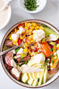 Cheddar Rice Bowls with Marinated Flank Steak, Corn, & Chipotle Drizzle | yestoyolks.com