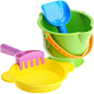 Amazon.com: Hape - Sand & Sun - Beach Basics - Bucket, Sifter, Rake and Shovel: Toys & Games