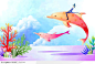 梦幻手绘插画一骑在梦幻海豚背上的燕尾服绅士