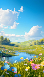 flowers in the countryside with blue sky, in the style of hyper-realistic water, cute and dreamy, terragen, saturated pigment pools, realistic rendering, lovely