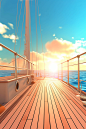 close-up view of ocean from the deck of a yacht, white deck, sailboat bow, Bright tones, warm lighting, clean sky in the background, no cloud, 3D, Pixar Disney style, C4D, cute, cartoon,