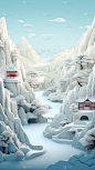 冬季冬天通用插画中国风雪山冰川雪地积雪场景背景