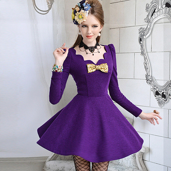 紫色花瓣领亮片蝴蝶结毛呢连衣裙