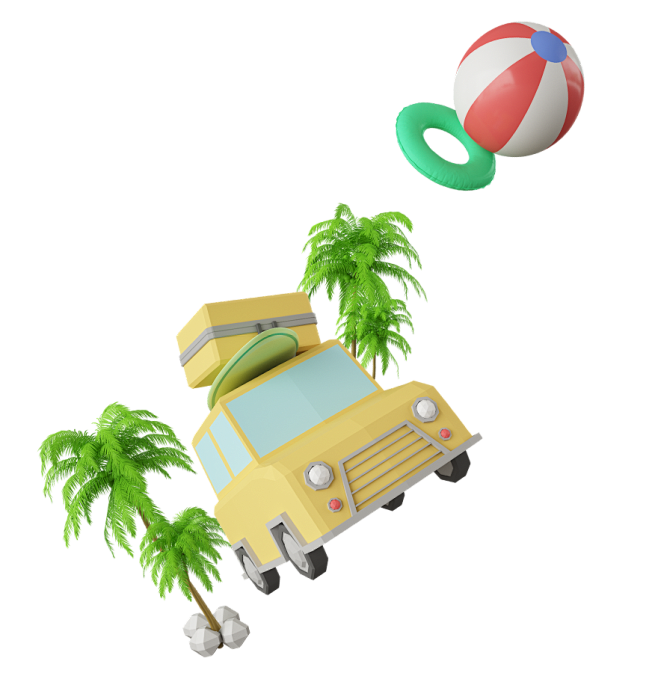 夏季沙滩卡通太阳伞躺椅椰子树汽车出游漂浮...