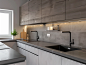 a modern minimalist kitchen. Gray countertop with built-in sinks and black faucets. gray tone backsplash, white cabinets, trendy accessories. Contemporary interior design, eye line viewing angle, 3D rendering,


--ar 4:3

--stylize 70