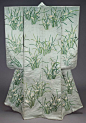 Furisode (long-sleeved kimono), 19th century, Japan. “Long-sleeved light blue silk satin robe (furisode) with design of sprays of narcissus and lines suggesting water embroidered with green, white and yellow silk.”