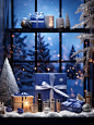 Christmas product atmosphere map, a set of skincare products, placed in a Christmas themed gift box, with ribbons, next to the windowsill, some Christmas decorations are placed. Outside the glass window, there is a dark blue snow scene at night, a Christm