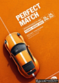 黄色调汽车创意广告海报设计 橙黄色保护色手法汽车广告设计 创意字母版式小汽车海报