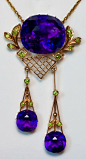 Gorgeous Antique Russian Amethyst and Garnet Pendant Necklace - made in Moscow between 1908 and 1917. (Three Siberian amethysts, sixteen Ural demantoids (green garnet), in intricate rose & yellow gold settings)