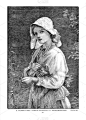 维多利亚插图年轻的乡村女孩在帽子草编
