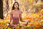 People 3850x2567 women brunette long hair meditation bare shoulders sitting nature landscape tank top closed eyes legs crossed leaves trees red nails fall goosebumps