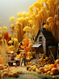 创意微观秋天南瓜玉米大丰收季节可爱人物玩具雕塑模型Midjourney关键词咒语