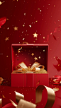 Open christmas gift box with golden ribbon and stars, in the style of surreal fashion photography, minimalist painter, red, folded planes, chinapunk, conceptual installation art, photorealistic detail