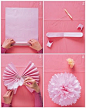 I remember my sister making these when she was making decorations for one of her senior high school dances back in the 80s. I remember helping her with some of them. :)  Obee Designs: TISSUE POM-POM TUTORIAL