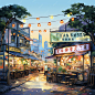 Watercolor Room of Taiwanese Night Market Room Street FoodInspir On White Background Scene Art