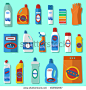 Group of bottles of household chemicals. Simple flat icons. Household supplies and cleaning flat icons set. Flat design concepts for web banners, web sites, printed materials, infographics