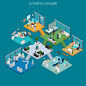 Flat isometric Medical centre interior vector illustration. Healthcare infographics template. 3d isometry Health care concept. Equipment, doctors, nurses, patients characters.