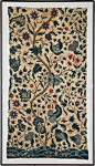 Late 17th Century English Crewel work Depicting an elaborate foliate scrolled vine entwined with exotic flower heads and leafy foliage, on a cream linen ground, wool and crewel on linen @Af's 17/4/13