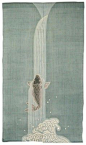 Japanese Koi Carp Waterfall Noren Designed by Rakushian of Kyoto