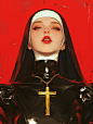 A beautiful nun with a cross on her lips against a red background, wearing a black latex outfit with gold details, in the style of David Uhl and Jeanloup Sieff, from a Vogue cover photo with a maximalist composition trending on Instagram. --ar 3:4