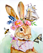 OOAK原创的兔子和牡丹艺术插图8×10蜜蜂蝴蝶头饰船羽毛头盔幻想法国roccoco