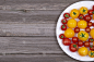 西红柿,白色,灰色,桌子,小的,盘子,红色,黄色,在上面,反差