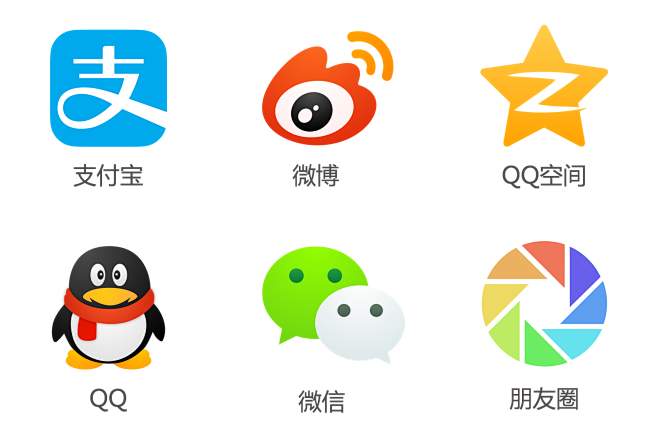 支付宝、微博、QQ、QQ空间、微信、朋友...