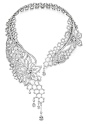 Piaget Couture Précieuse necklace Diamond Embroidery Inspiration. Crafted in 18K white gold set with 1513 brilliant-cut diamonds (approx. 44.19 cts), 133 baguette-cut diamonds (approx. 16.77 cts), 4 pear-shaped diamonds (approx. 7.55 cts) and 11 rose-cut