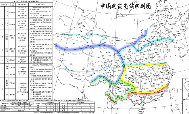 大陆建筑气候区划图。备用一下。