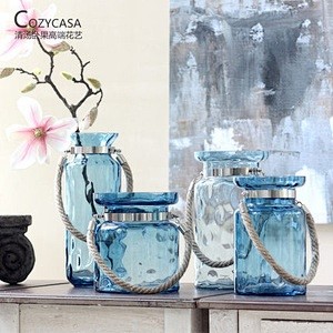 经典设计 透明玻璃花瓶蓝色圆点麻绳金属装...