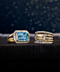 彩色照片显示了放在黑色闪闪发亮的背景上的两个来自大卫·尤尔曼（Novella）和Stax系列的女士大卫·尤曼（David Yurman）戒指。 18K黄金珠宝采用密镶白色钻石精制而成，有或没有祖母绿切工的蓝色托帕石或香槟黄水晶主石。 Stax戒指具有五排光滑，刻面和Cabled金色，在一个戒指中营造出一堆带状外观。