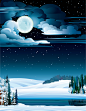 卡通圣诞夜景图片矢量图、雪地、黑夜、下雪天、针叶树、圣诞树、冬天冬季背景素材、月亮、月球、云朵、湖泊-原创/正版/创意海报-AI矢量分层/矢量图--图全图美-正版原创商业图库-原创设计素材 