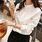 2014秋装新款韩版打底白衬衫女长袖花边立领大码女士衬衣棉麻上衣的图片