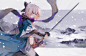 Anime 1280x831 blonde Fate/Grand Order katana orange eyes ribbon Saber Sakura Saber scarf snow sword thigh-highs weapon zettai ryouiki