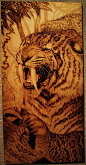 POWER LIES IN PATIENCE : Leopard in pyrography on birch plywood, 12'x16'