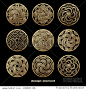 Vector design element. Template for creating logo, icon, symbol, emblem, monogram frame. Linear trend style. Illustration gold pattern on black background. Concept  unusual abstract luxury decor. Set.