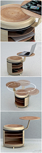 【Tandem 迷你电脑桌 】：“Tandem”是Geoffrey Graven设计的一个储物小空间，由一个座位和一个边桌构成，下面是杂物橱，可以放书籍和手机等零碎的小东西。小桌可以旋转360度，向各个方向随意的摆放。使用白橡木材料，“年轮”式的图案会使你觉得这就是一棵大树的组成部分。