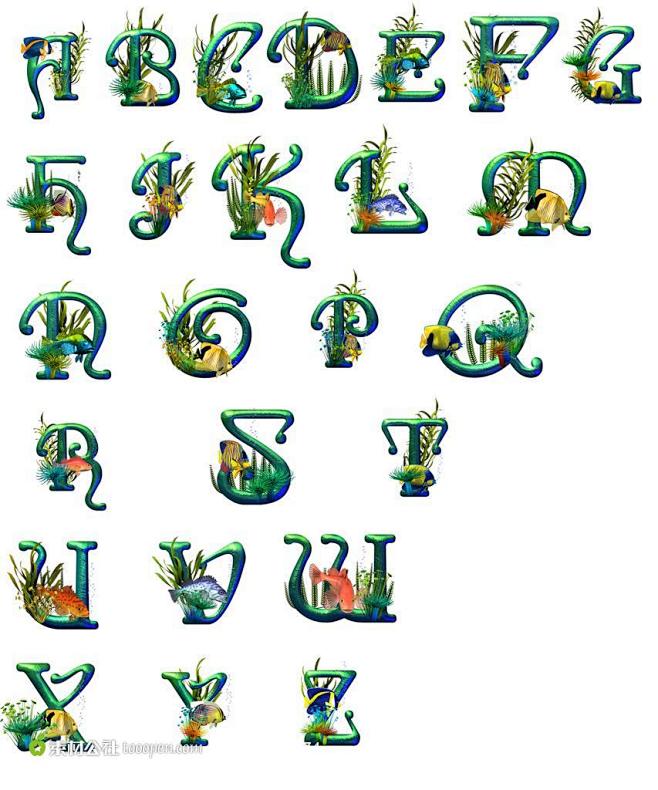 26个英文字母与海洋鱼类的结合设计素材下...