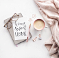 Home sweet home flatlay with calligraphy quote