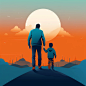 Flat illustration, Father's Day, a father holding his son's hand standing in the middle of the picture, the picture is warm, orange and blue, the overall picture is relatively simple, rich in detail, super high definition ar 2:3