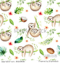 Baby animals sloth nursery isolated seamless pattern. Watercolor boho tropical drawing, child tropical drawing cute palm tree leaves, tropic green texture,exotic flower. Aloha backgraund