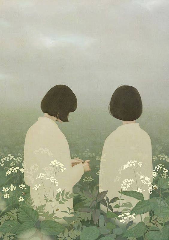花丛中的两个少女