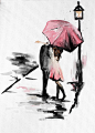 Couple with Umbrella, Romance painting, Kissing in the rain.