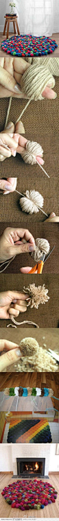#创意#五彩斑斓的毛线做无数个五彩斑斓的毛线球。大家一定会想了，这么多毛线球可以做什么呢？告诉大家其中一个用处就是把众多毛线球串起来组成一个毛线球地毯。冬天踩在上面，既暖和又舒服。【阿画】#创意家居饰品制作教程##艺术设计废物利用环保diy##DIY折纸纸雕衍纸##纸艺剪纸不织布##编织布艺勾花#