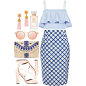 A fashion look from June 2016 featuring cocktail tops, blue high waisted skirt and patent pumps. Browse and shop related looks.