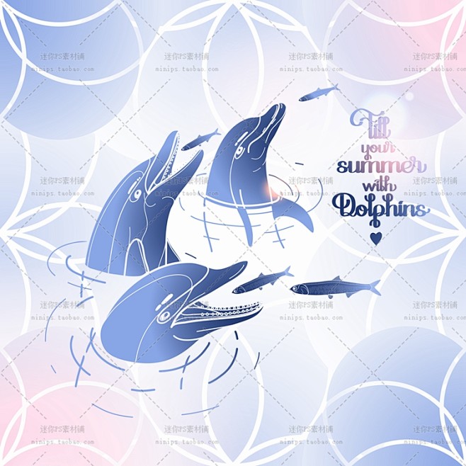 438号唯美蓝紫色海洋海豚可爱卡通背景A...