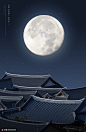 月色星空青瓦屋顶纵横排列建筑风景海报 海报招贴 自然风光