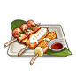 Tri-Flavored Skewer : Tri-Flavored Skewer is a food item that the player can cook. The recipe for Tri-Flavored Skewer is available from Kiminami Anna in Inazuma City for 5,000 Mora. Depending on the quality, Tri-Flavored Skewer increases the party's attac
