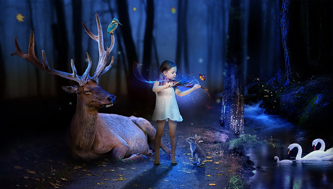 创意海报合成 森林中拉小提琴的小女孩